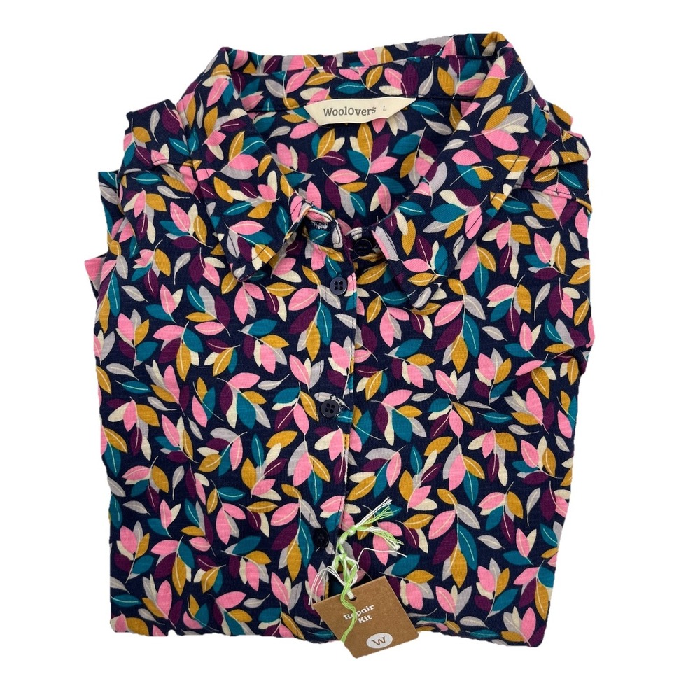 NWT Woolovers Women's Geo Multi Leaf Print Organic Jersey Shirt BUTTON UP L‎